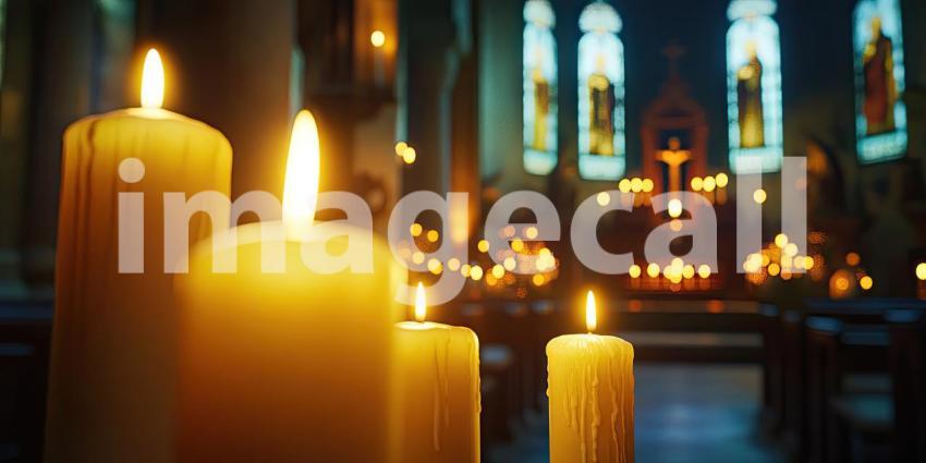 Serene Church Altar with Lit Candles: Floral Arrangement and Dripping Wax Highlighting a Peaceful and Contemplative Atmosphere in a Religious Setting