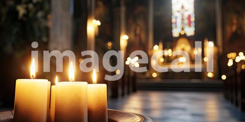 Serene Church Altar with Lit Candles: Floral Arrangement and Dripping Wax Highlighting a Peaceful and Contemplative Atmosphere in a Religious Setting