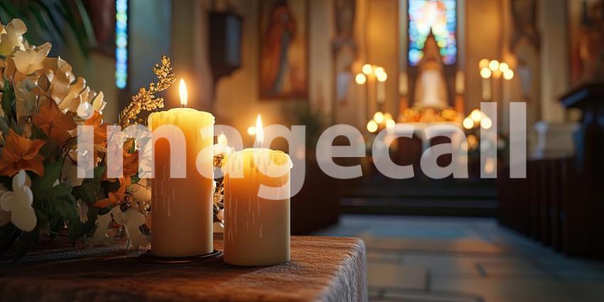 Serene Church Altar with Lit Candles: Floral Arrangement and Dripping Wax Highlighting a Peaceful and Contemplative Atmosphere in a Religious Setting