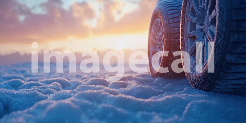 Winter Sunrise: Frosty Car Tires on Snowy Ground with Warm Sunrise in the Background