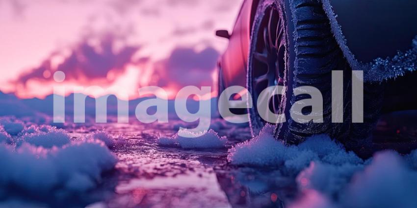 Winter Sunrise: Frosty Car Tires on Snowy Ground with Warm Sunrise in the Background