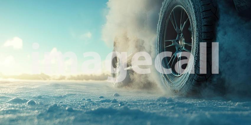 Winter Sunrise: Frosty Car Tires on Snowy Ground with Warm Sunrise in the Background