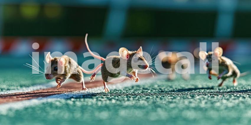 Athletic Mice on Running Track: Group of Small Gray Mice Participating in a Humorous and Engaging Race on a Red Track
