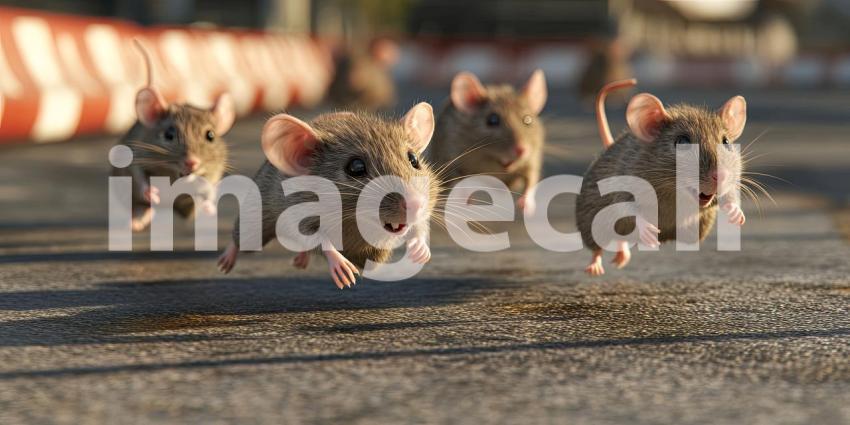 Athletic Mice on Running Track: Group of Small Gray Mice Participating in a Humorous and Engaging Race on a Red Track