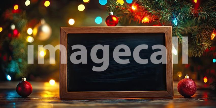 Christmas Blackboard: Wooden-Framed Blackboard on a Wooden Surface, Surrounded by Holiday Decor Including a Christmas Tree with Lights and Ornaments