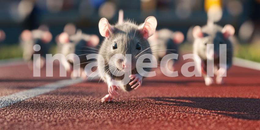 Athletic Mice on Running Track: Group of Small Gray Mice Participating in a Humorous and Engaging Race on a Red Track