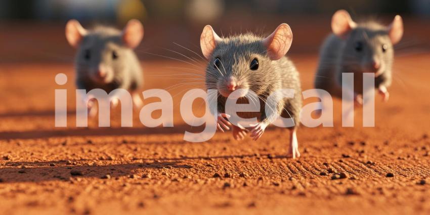Athletic Mice on Running Track: Group of Small Gray Mice Participating in a Humorous and Engaging Race on a Red Track