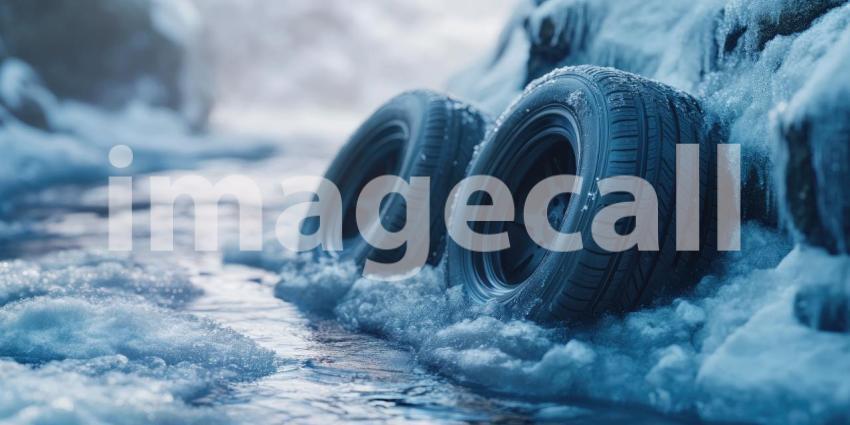 Winter Sunrise: Frosty Car Tires on Snowy Ground with Warm Sunrise in the Background