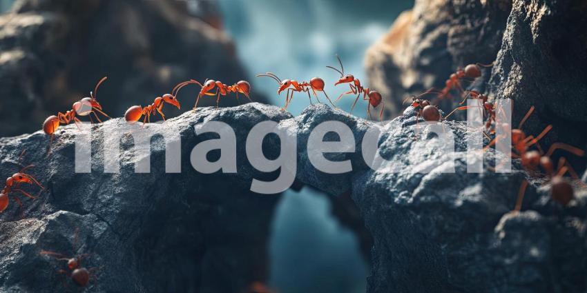 Ants Traversing a Natural Rock Bridge: Close-Up of Cooperative Ants Moving Across a Narrow, Uneven Rocky Pathway in a Blurred Background