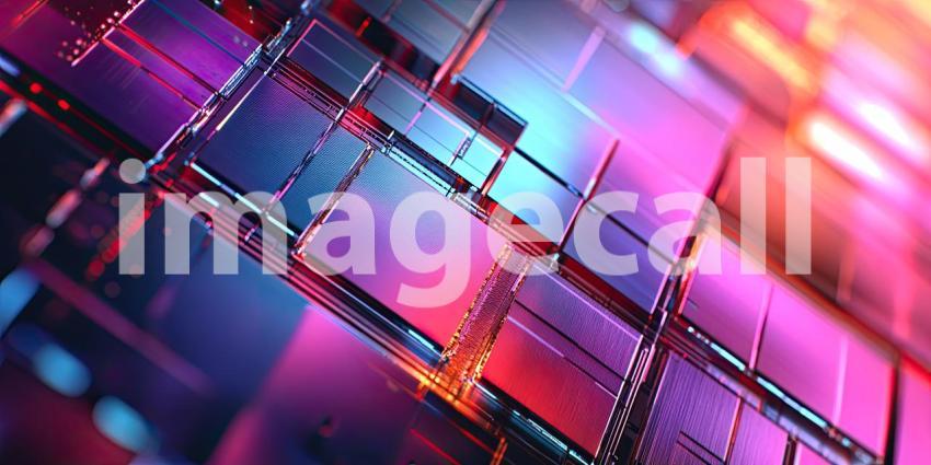 Vibrant Abstract Geometric Design: Complex Arrangement of Rectangular and Square Shapes in Layers, Featuring Shades of Pink, Purple, Blue, and Red