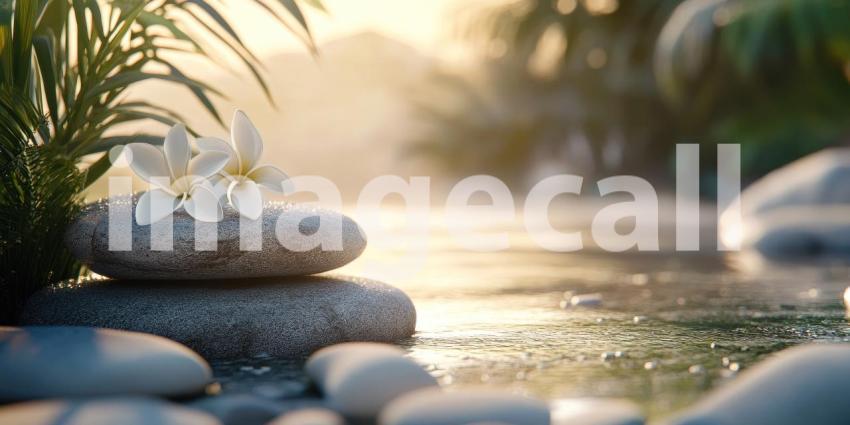 Two White Flowers Resting on a Stack of Smooth Gray Stones by a Rippling Body of Water, Set Against a Blurred Green Foliage Background