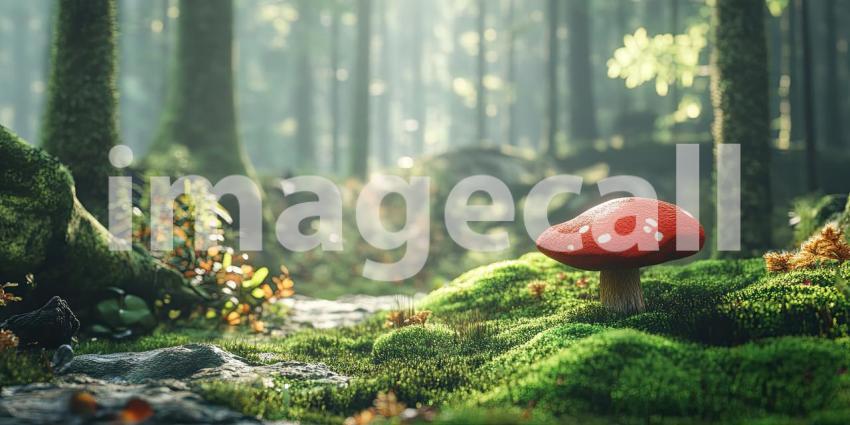 Tranquil Forest Scene: Sunlight Filtering Through Canopy onto Moss-Covered Forest Floor and Tree Base