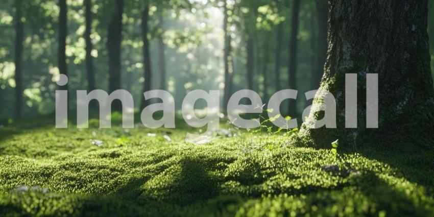 Tranquil Forest Scene: Sunlight Filtering Through Canopy onto Moss-Covered Forest Floor and Tree Base