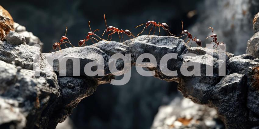Ants Traversing a Natural Rock Bridge: Close-Up of Cooperative Ants Moving Across a Narrow, Uneven Rocky Pathway in a Blurred Background