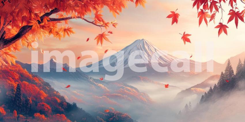 Serene Autumn Landscape with Mount Fuji: Snow-Capped Peak Surrounded by Vibrant Red Foliage and a Misty Lake, Creating a Tranquil and Mystical Atmosphere