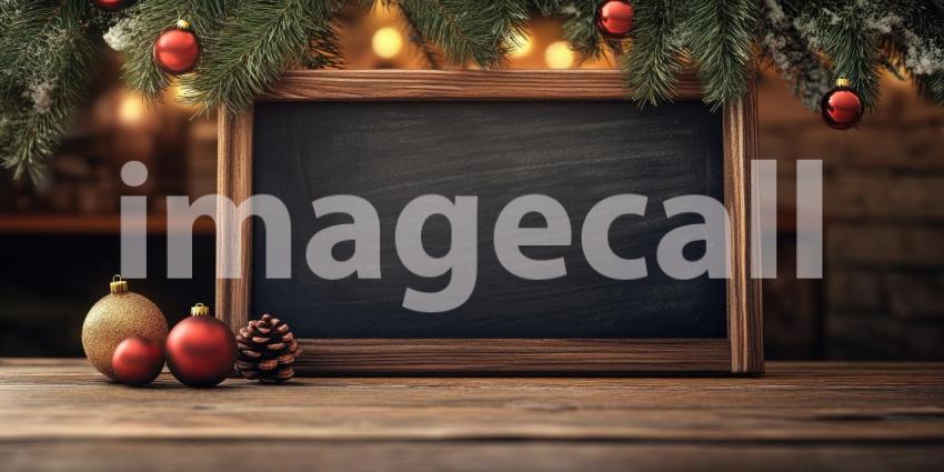 Christmas Blackboard: Wooden-Framed Blackboard on a Wooden Surface, Surrounded by Holiday Decor Including a Christmas Tree with Lights and Ornaments