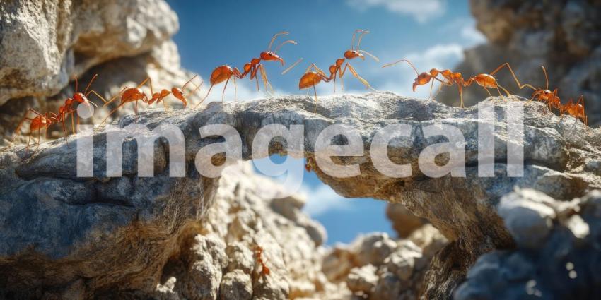 Ants Traversing a Natural Rock Bridge: Close-Up of Cooperative Ants Moving Across a Narrow, Uneven Rocky Pathway in a Blurred Background