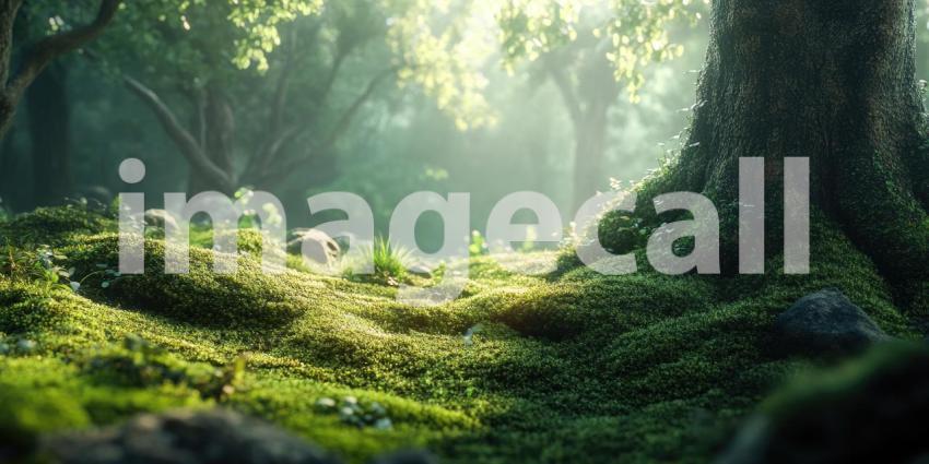 Tranquil Forest Scene: Sunlight Filtering Through Canopy onto Moss-Covered Forest Floor and Tree Base