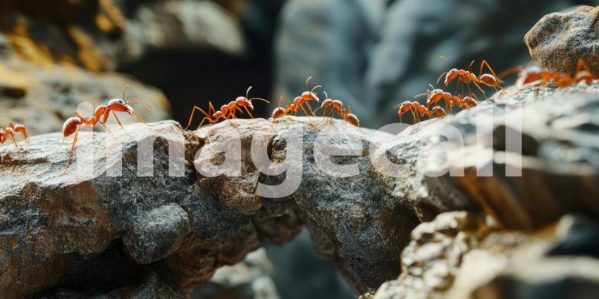 Ants Traversing a Natural Rock Bridge: Close-Up of Cooperative Ants Moving Across a Narrow, Uneven Rocky Pathway in a Blurred Background