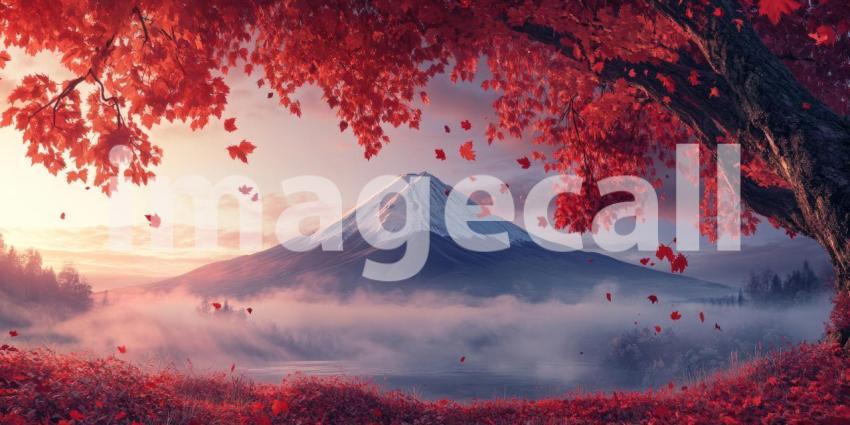 Serene Autumn Landscape with Mount Fuji: Snow-Capped Peak Surrounded by Vibrant Red Foliage and a Misty Lake, Creating a Tranquil and Mystical Atmosphere