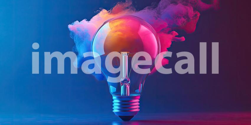 Vibrant Light Bulb with Colorful Smoke: Clear Light Bulb Surrounded by Blue, Pink, and Orange Smoke Against a Gradient Blue and Purple Background