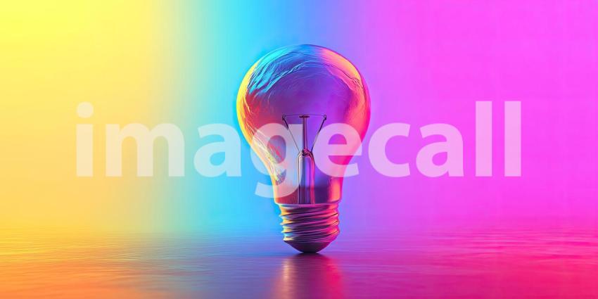 Vibrant Light Bulb with Colorful Smoke: Clear Light Bulb Surrounded by Blue, Pink, and Orange Smoke Against a Gradient Blue and Purple Background