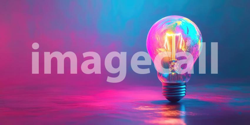 Vibrant Light Bulb with Colorful Smoke: Clear Light Bulb Surrounded by Blue, Pink, and Orange Smoke Against a Gradient Blue and Purple Background