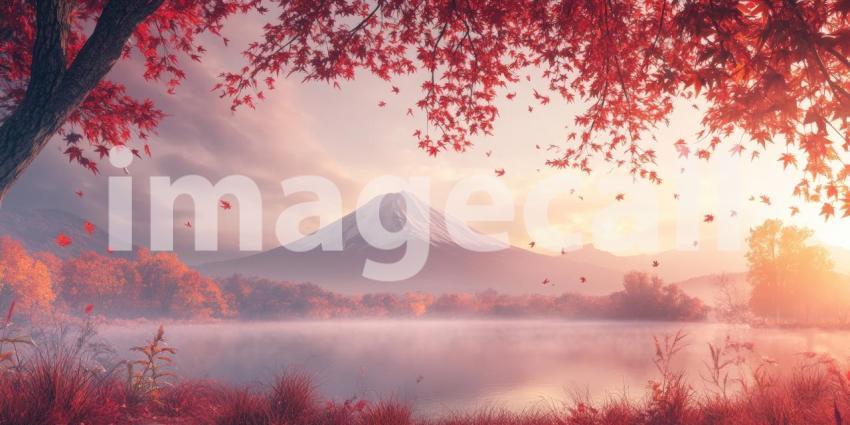 Serene Autumn Landscape with Mount Fuji: Snow-Capped Peak Surrounded by Vibrant Red Foliage and a Misty Lake, Creating a Tranquil and Mystical Atmosphere