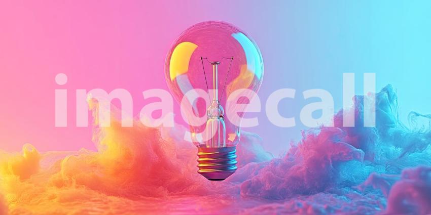 Vibrant Light Bulb with Colorful Smoke: Clear Light Bulb Surrounded by Blue, Pink, and Orange Smoke Against a Gradient Blue and Purple Background