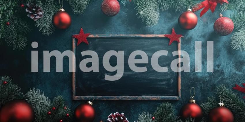 Christmas Blackboard: Wooden-Framed Blackboard on a Wooden Surface, Surrounded by Holiday Decor Including a Christmas Tree with Lights and Ornaments