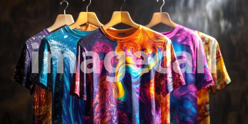 Vibrant Array of Colorful T-Shirts: Abstract Patterns and Designs Displayed on Wooden Hangers in a Boutique Setting