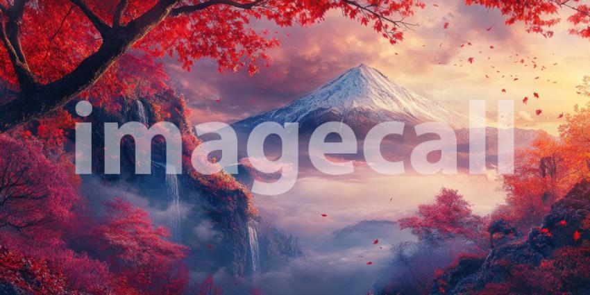 Serene Autumn Landscape with Mount Fuji: Snow-Capped Peak Surrounded by Vibrant Red Foliage and a Misty Lake, Creating a Tranquil and Mystical Atmosphere