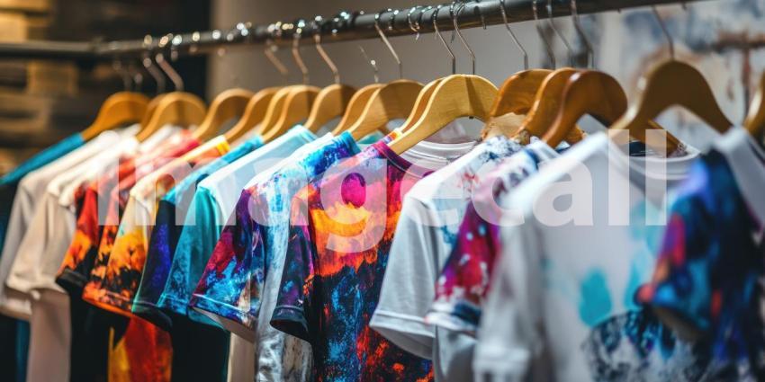 Vibrant Array of Colorful T-Shirts: Abstract Patterns and Designs Displayed on Wooden Hangers in a Boutique Setting