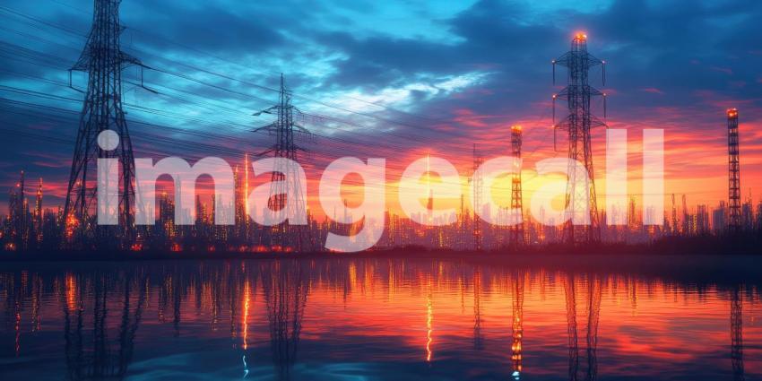 Electrical Power Transmission with Data Overlay: High-Voltage Power Lines and Towers Against a Clear Blue Sky
