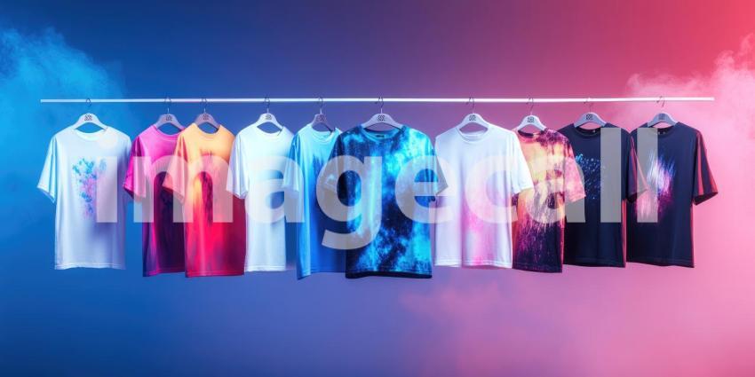Vibrant Array of Colorful T-Shirts: Abstract Patterns and Designs Displayed on Wooden Hangers in a Boutique Setting