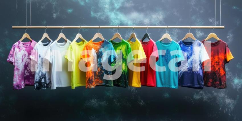 Vibrant Array of Colorful T-Shirts: Abstract Patterns and Designs Displayed on Wooden Hangers in a Boutique Setting