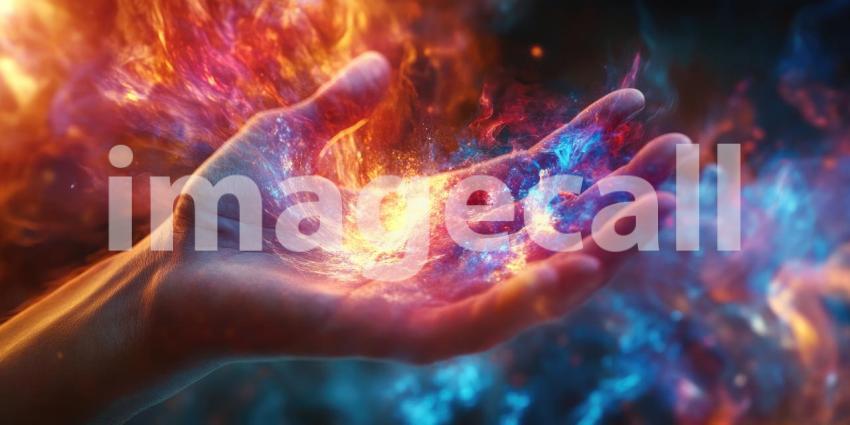 Ethereal Cosmic Hand: Mystical Glowing Hand with Luminous Particles and Starry Sky, Blending Human Anatomy with Otherworldly Elements