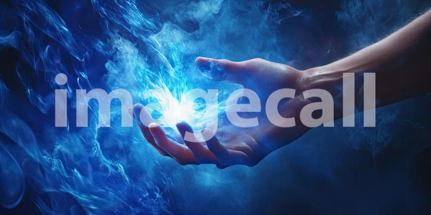 Ethereal Cosmic Hand: Mystical Glowing Hand with Luminous Particles and Starry Sky, Blending Human Anatomy with Otherworldly Elements