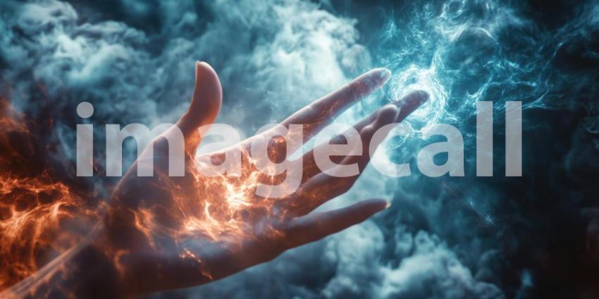 Ethereal Cosmic Hand: Mystical Glowing Hand with Luminous Particles and Starry Sky, Blending Human Anatomy with Otherworldly Elements