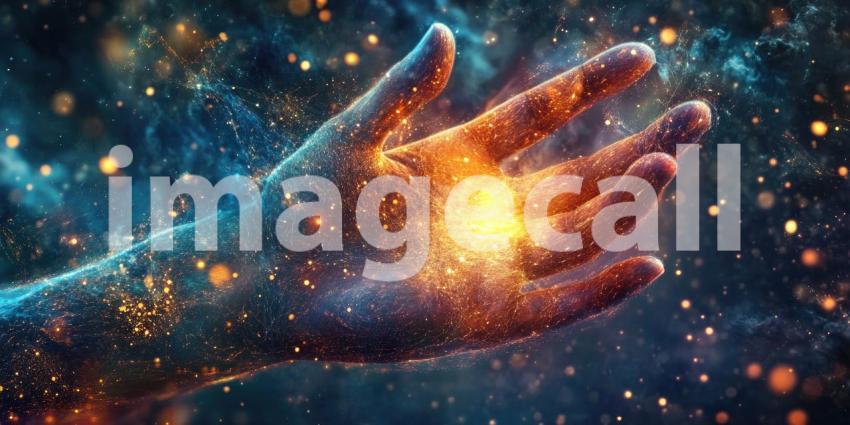 Ethereal Cosmic Hand: Mystical Glowing Hand with Luminous Particles and Starry Sky, Blending Human Anatomy with Otherworldly Elements