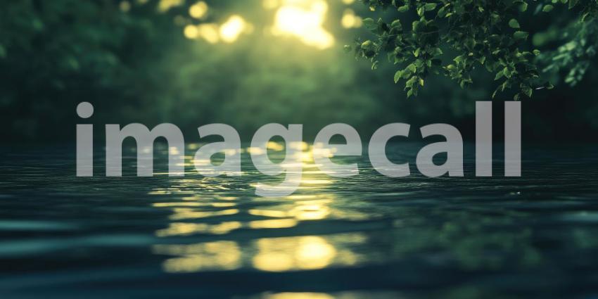 Tranquil Waterscape in Lush Greenery: Soft Morning or Evening Light Reflecting on Calm Water Surrounded by Dense Foliage