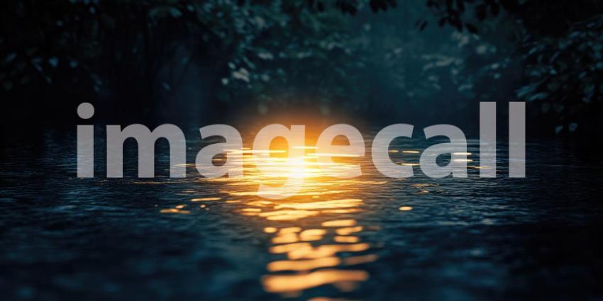 Tranquil Waterscape in Lush Greenery: Soft Morning or Evening Light Reflecting on Calm Water Surrounded by Dense Foliage