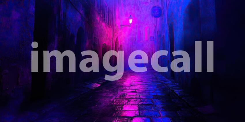 Vibrant Neon Nightscape: Urban Street Illuminated by Pink, Purple, and Blue Lights Reflecting on Wet Pavement, Creating a Cyberpunk Aesthetic