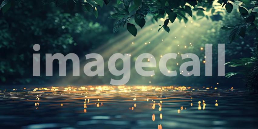 Tranquil Waterscape in Lush Greenery: Soft Morning or Evening Light Reflecting on Calm Water Surrounded by Dense Foliage