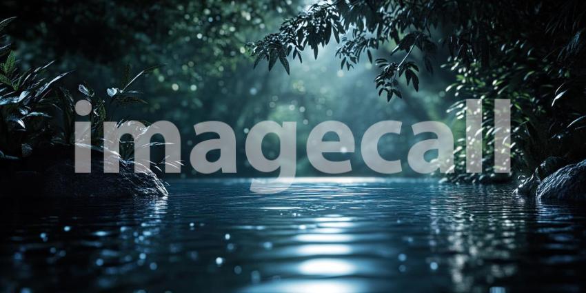 Tranquil Waterscape in Lush Greenery: Soft Morning or Evening Light Reflecting on Calm Water Surrounded by Dense Foliage