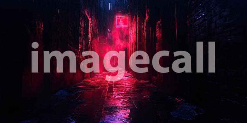 Vibrant Neon Nightscape: Urban Street Illuminated by Pink, Purple, and Blue Lights Reflecting on Wet Pavement, Creating a Cyberpunk Aesthetic