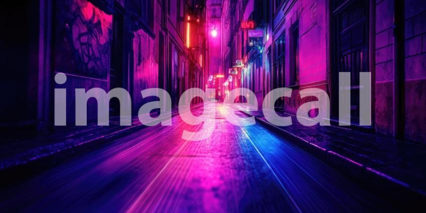Vibrant Neon Nightscape: Urban Street Illuminated by Pink, Purple, and Blue Lights Reflecting on Wet Pavement, Creating a Cyberpunk Aesthetic