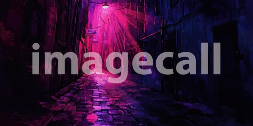 Vibrant Neon Nightscape: Urban Street Illuminated by Pink, Purple, and Blue Lights Reflecting on Wet Pavement, Creating a Cyberpunk Aesthetic