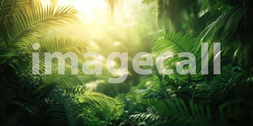 Sunlit Tropical Rainforest: Dense Foliage and Tall Trees with Beams of Light Penetrating Through the Canopy