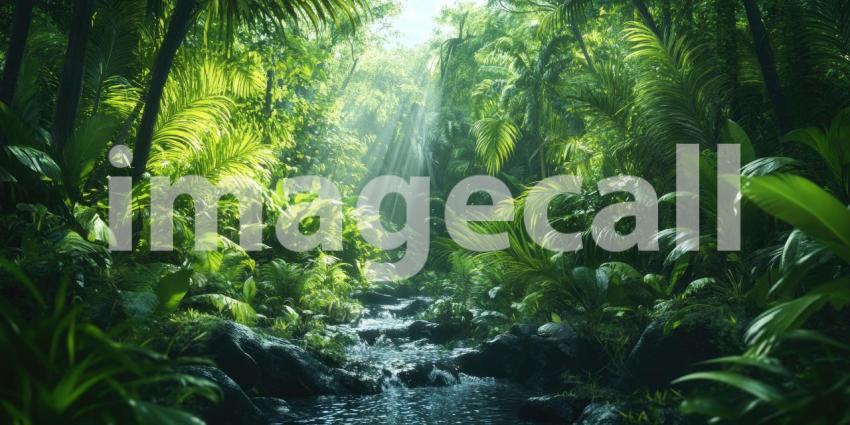 Sunlit Tropical Rainforest: Dense Foliage and Tall Trees with Beams of Light Penetrating Through the Canopy